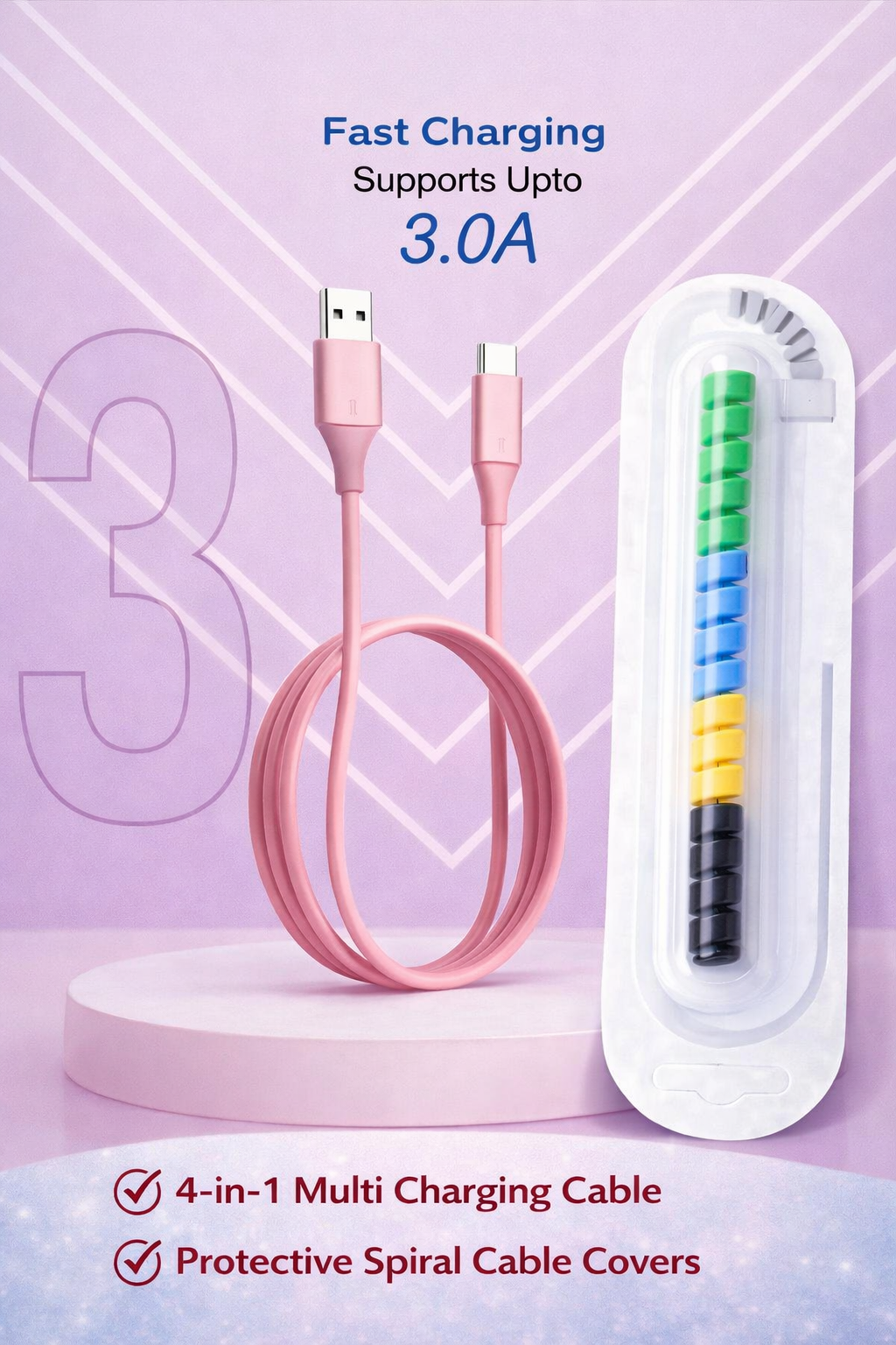 I phone cable Pink color Fast Charging Support With Cable Protector Free