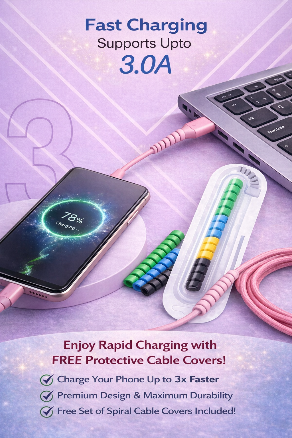 I phone cable Pink color Fast Charging Support With Cable Protector Free