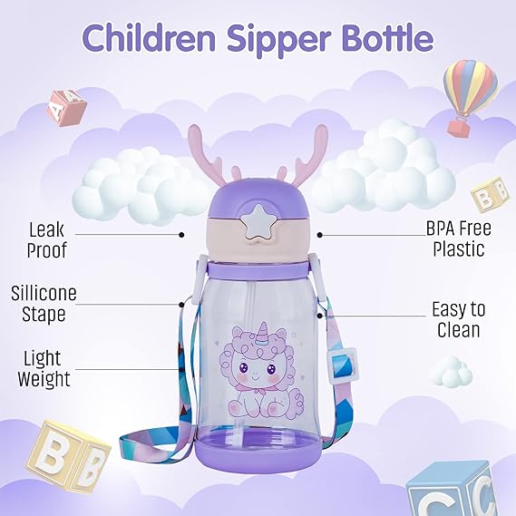 Vstylehunt CuteDeer Kids Water Bottle | Leakproof | BPA Free | Cartoon Printed Bottle with Straw & Strap