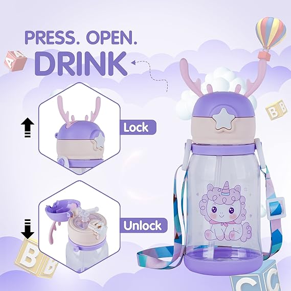 Vstylehunt CuteDeer Kids Water Bottle | Leakproof | BPA Free | Cartoon Printed Bottle with Straw & Strap