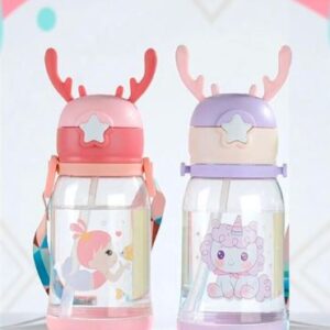 Cute Kids Water Bottle with Antler Design | BPA Free Leakproof Water Bottle for School, Travel & Outdoor Use | Adjustable Strap Cartoon Sipper Bottle for Boys & Girls | Portable Lightweight Kids Drinking Bottle with Straw & Easy Flip Lid Combo