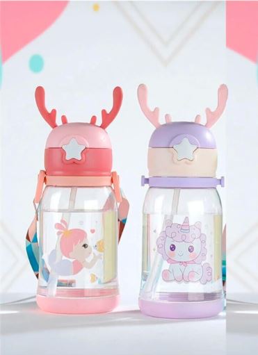 Cute Kids Water Bottle with Antler Design | BPA Free Leakproof Water Bottle for School, Travel & Outdoor Use | Adjustable Strap Cartoon Sipper Bottle for Boys & Girls | Portable Lightweight Kids Drinking Bottle with Straw & Easy Flip Lid Combo