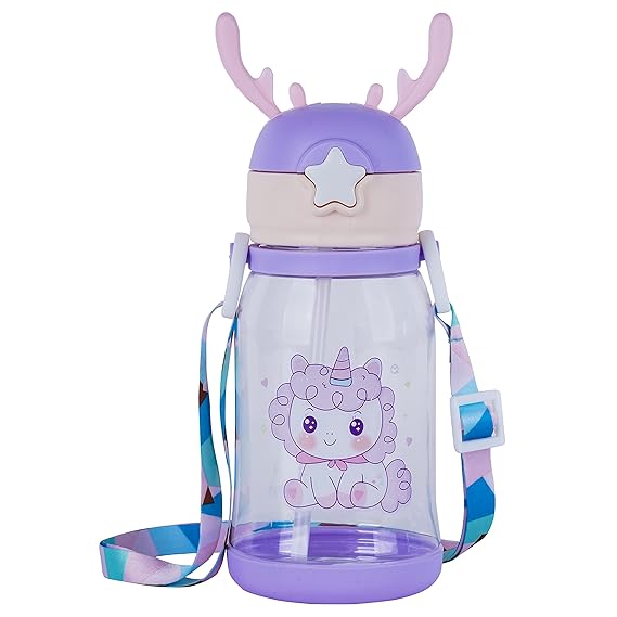 Cute Kids Water Bottle with Antler Design | BPA Free Leakproof Water Bottle for School, Travel & Outdoor Use | Adjustable Strap Cartoon Sipper Bottle for Boys & Girls | Portable Lightweight Kids Drinking Bottle with Straw & Easy Flip Lid Combo
